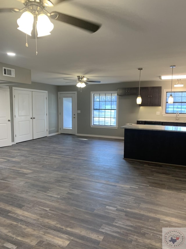 kitchen with ceiling fan, sink, dark hardwood / wood-style floors, and dark brown cabinets