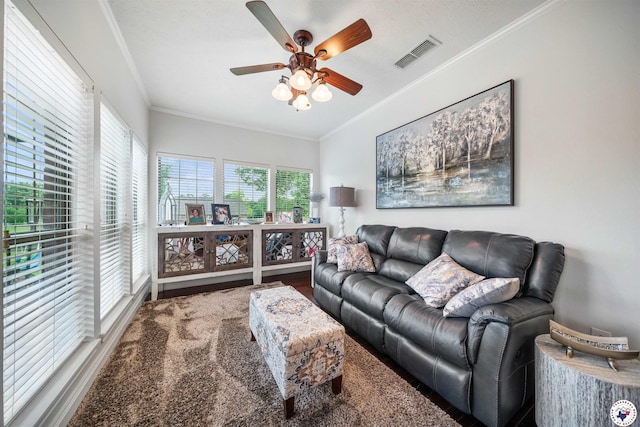 215 Hunters Cv, Texarkana, TX 75503 - living area with a ceiling fan, wood finished floors, and ornamental molding