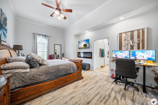 215 Hunters Cv, Texarkana, TX 75503 - bedroom featuring ornamental molding, wood finished floors, an office area, ceiling fan, and recessed lighting