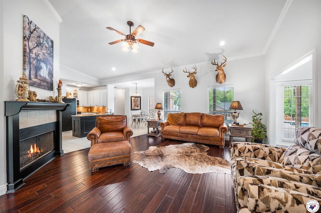 215 Hunters Cv, Texarkana, TX 75503 - living area featuring a ceiling fan, a fireplace, light wood-type flooring, ornamental molding, and vaulted ceiling