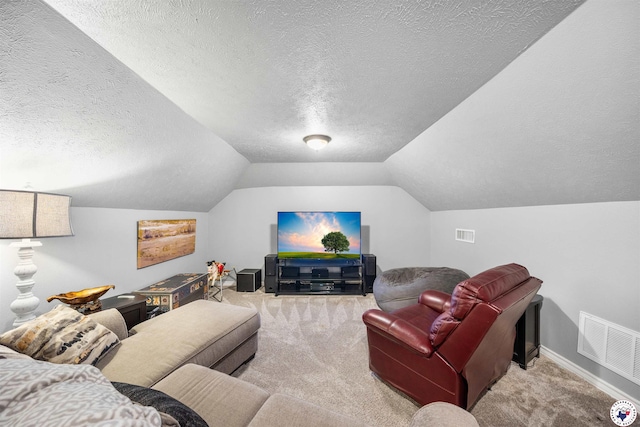 215 Hunters Cv, Texarkana, TX 75503 - cinema room with carpet floors, a textured ceiling, vaulted ceiling, and baseboards