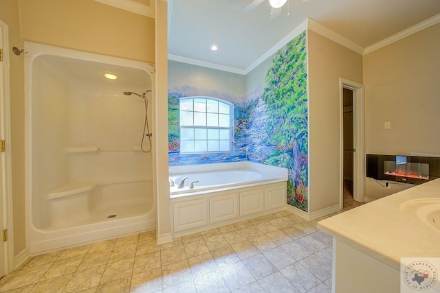 bathroom featuring crown molding, separate shower and tub, ceiling fan, and vanity