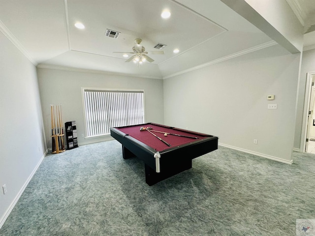 game room with crown molding, pool table, carpet, ceiling fan, and lofted ceiling