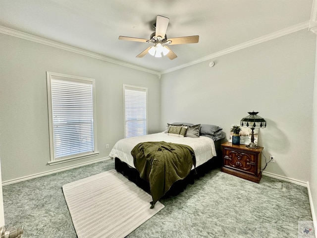 bedroom featuring carpet flooring, ceiling fan, and ornamental molding