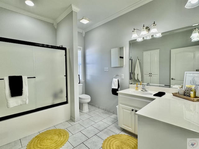 full bathroom with enclosed tub / shower combo, tile patterned floors, vanity, toilet, and crown molding