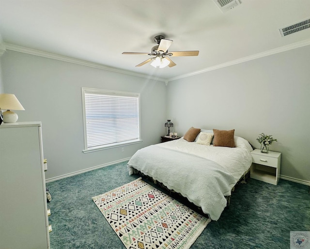 carpeted bedroom with ceiling fan and ornamental molding