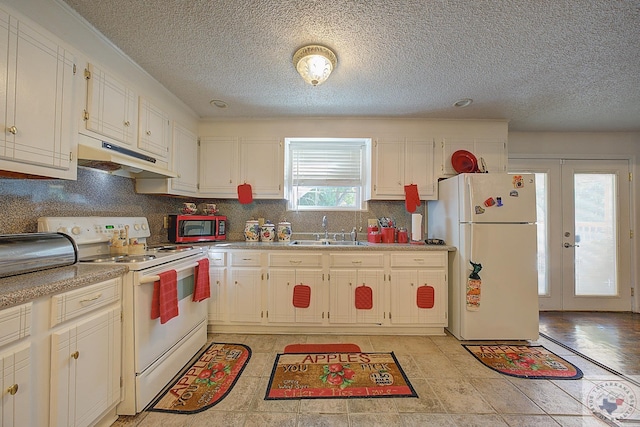 kitchen with white appliances, white cabinetry, sink, french doors, and backsplash