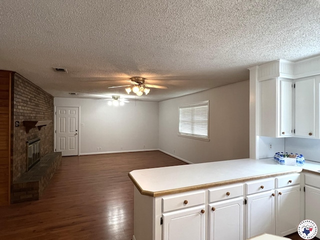 6 Arnold Dr, Texarkana, AR 71854 - kitchen with a peninsula, a textured ceiling, ceiling fan, white cabinets, and dark wood-style floors