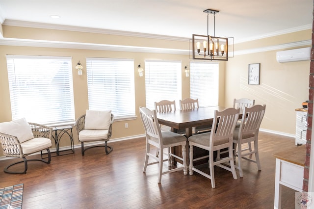 dining area with an inviting chandelier, ornamental molding, dark hardwood / wood-style flooring, and a wall unit AC