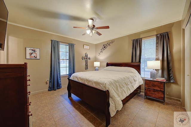 bedroom with ceiling fan, crown molding, and light tile patterned floors