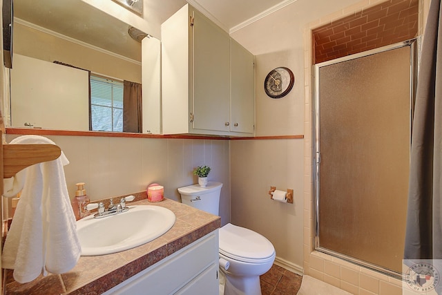 bathroom featuring backsplash, an enclosed shower, vanity, and crown molding