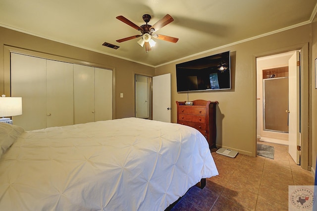 bedroom featuring ensuite bath, ceiling fan, and ornamental molding