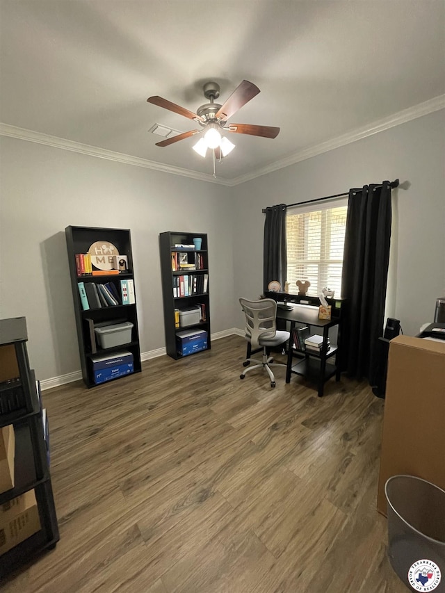 office with wood finished floors, ceiling fan, and ornamental molding