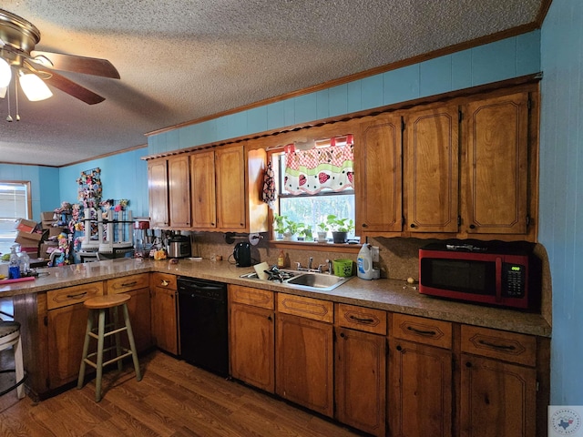 kitchen featuring wood-type flooring, dishwasher, sink, a textured ceiling, and ornamental molding