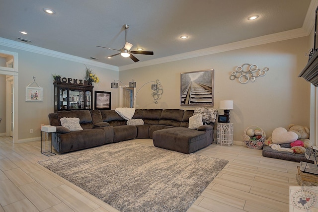 living room featuring ceiling fan and ornamental molding