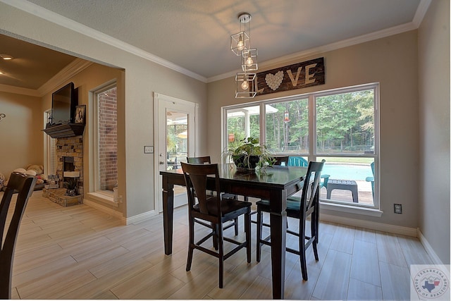 dining space featuring a wealth of natural light, light hardwood / wood-style flooring, and a fireplace