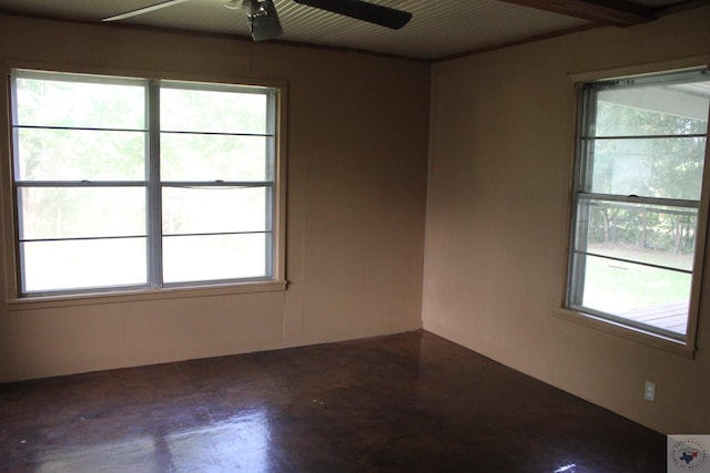 spare room with ceiling fan and a wealth of natural light