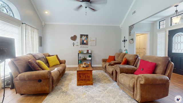 142 Corley Cir, Wake Village, TX 75501 - living area featuring ceiling fan, light wood finished floors, crown molding, high vaulted ceiling, and baseboards