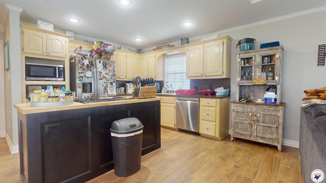 142 Corley Cir, Wake Village, TX 75501 - kitchen with appliances with stainless steel finishes, ornamental molding, a sink, light brown cabinetry, and light wood-style floors