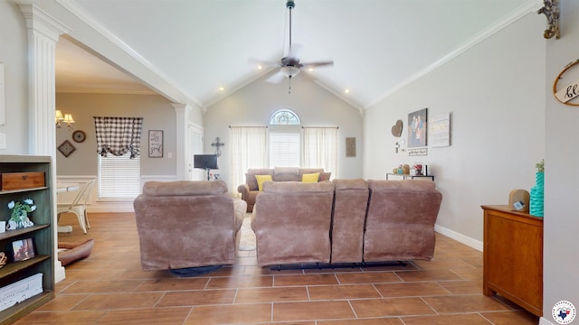 142 Corley Cir, Wake Village, TX 75501 - living area with a ceiling fan, ornate columns, lofted ceiling, wood tiled floors, and crown molding