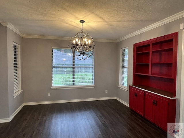 unfurnished dining area with a notable chandelier, crown molding, dark hardwood / wood-style floors, and a textured ceiling