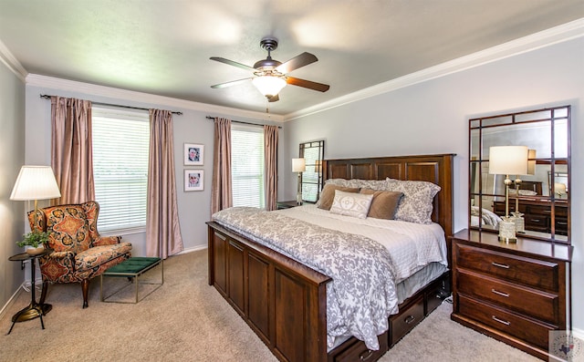 bedroom with crown molding, light colored carpet, and ceiling fan