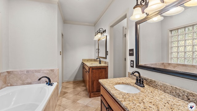 6616 Lakeridge Dr, Texarkana, TX 75503 - full bath featuring a bath, two vanities, ornamental molding, and tile patterned flooring
