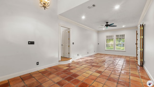 6616 Lakeridge Dr, Texarkana, TX 75503 - spare room featuring crown molding, a ceiling fan, recessed lighting, and tile patterned floors