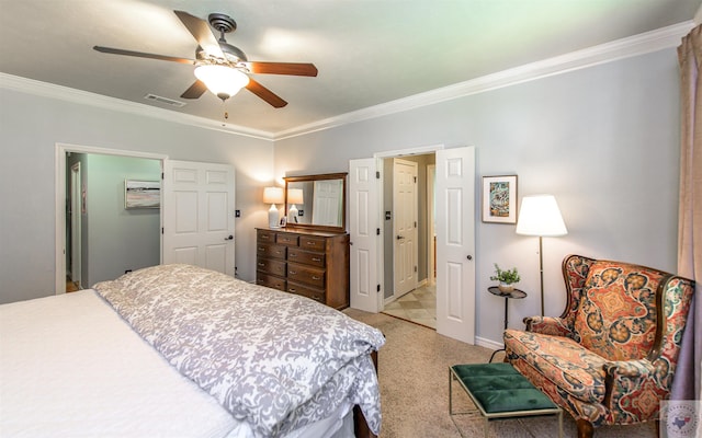 bedroom featuring ceiling fan and crown molding