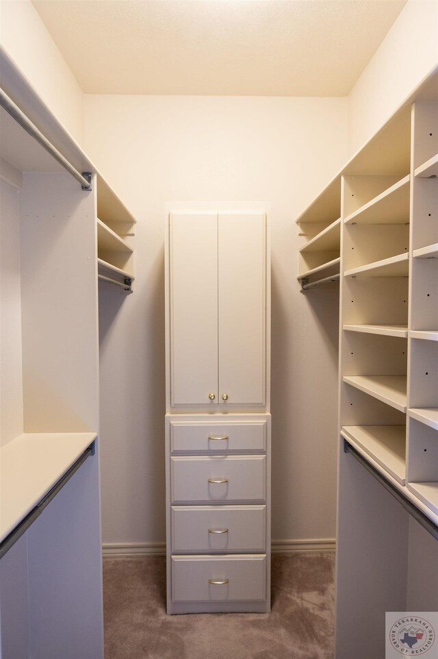 spacious closet featuring dark colored carpet