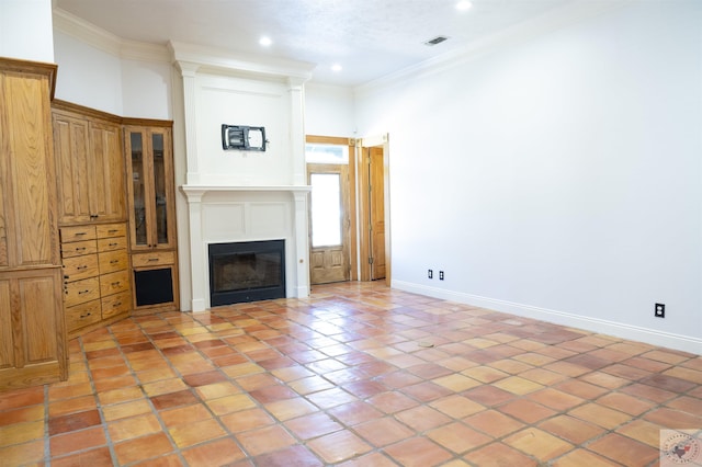 unfurnished living room featuring crown molding and light tile patterned flooring