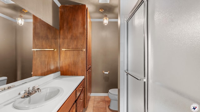 6616 Lakeridge Dr, Texarkana, TX 75503 - bathroom featuring crown molding, a stall shower, vanity, and tile patterned floors
