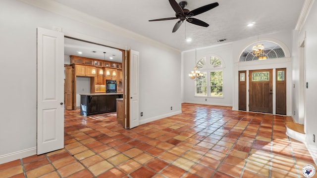 6616 Lakeridge Dr, Texarkana, TX 75503 - entryway featuring a chandelier, ornamental molding, a ceiling fan, recessed lighting, and light tile patterned flooring