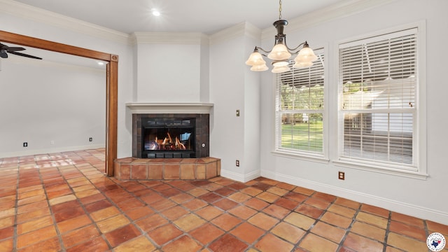 6616 Lakeridge Dr, Texarkana, TX 75503 - unfurnished living room featuring a chandelier, a tile fireplace, ornamental molding, a ceiling fan, and tile patterned floors
