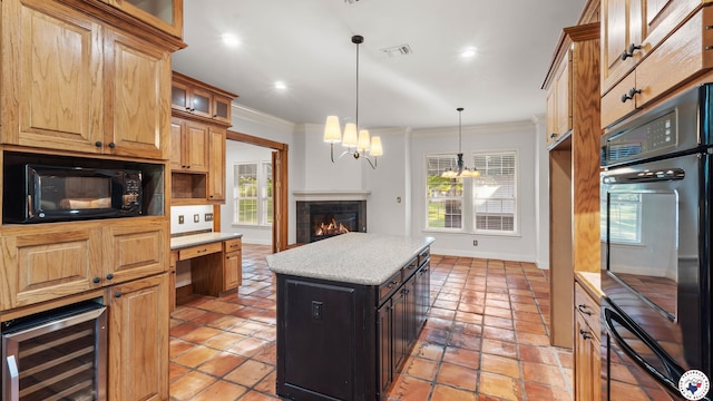 6616 Lakeridge Dr, Texarkana, TX 75503 - kitchen featuring wine cooler, black appliances, ornamental molding, a lit fireplace, and glass insert cabinets