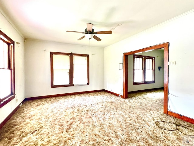 carpeted spare room featuring ceiling fan and ornamental molding