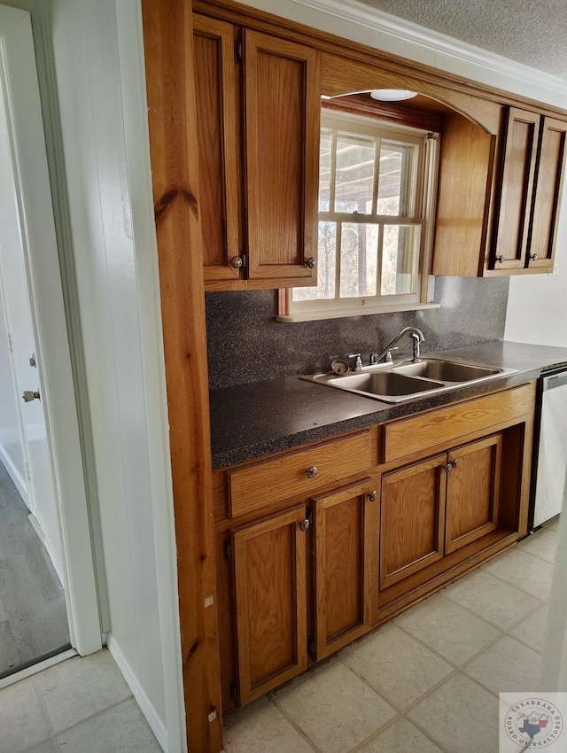 kitchen with sink, backsplash, stainless steel dishwasher, and ornamental molding