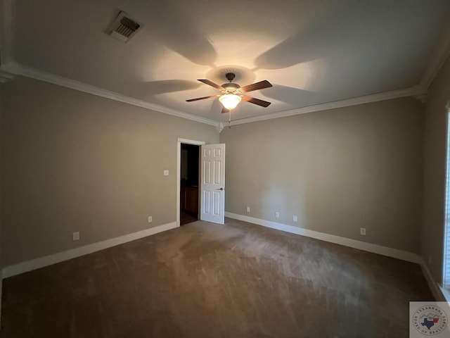 unfurnished room featuring ceiling fan, dark carpet, and crown molding