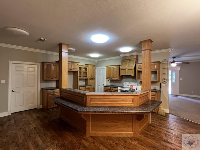 kitchen featuring white electric range oven, dark hardwood / wood-style flooring, a center island, and ornamental molding