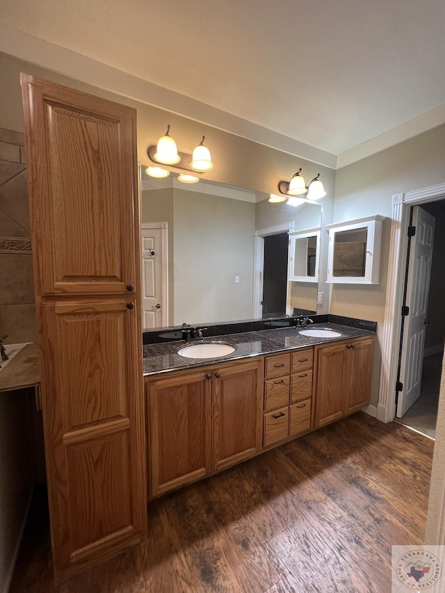 bathroom with hardwood / wood-style floors and vanity