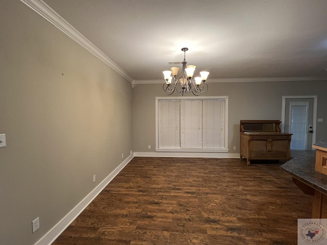 unfurnished dining area featuring a notable chandelier, ornamental molding, and dark hardwood / wood-style flooring