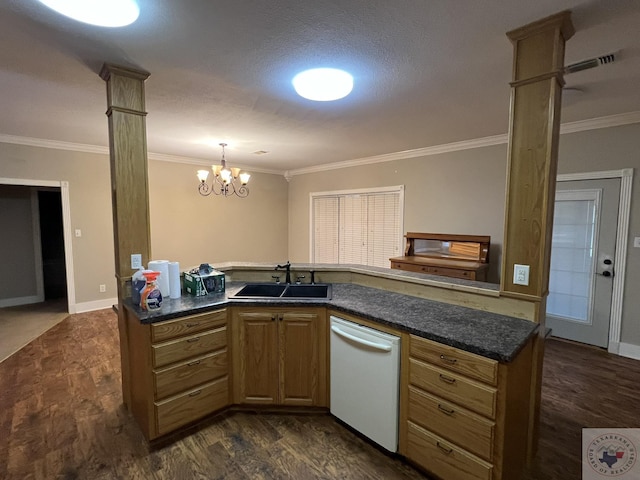 kitchen with crown molding, white dishwasher, decorative columns, sink, and dark hardwood / wood-style floors