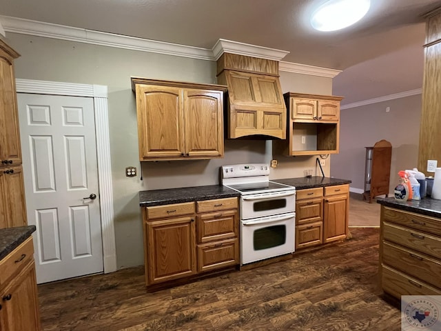 kitchen featuring double oven range, dark hardwood / wood-style floors, and crown molding