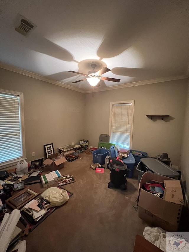 interior space with ceiling fan and ornamental molding