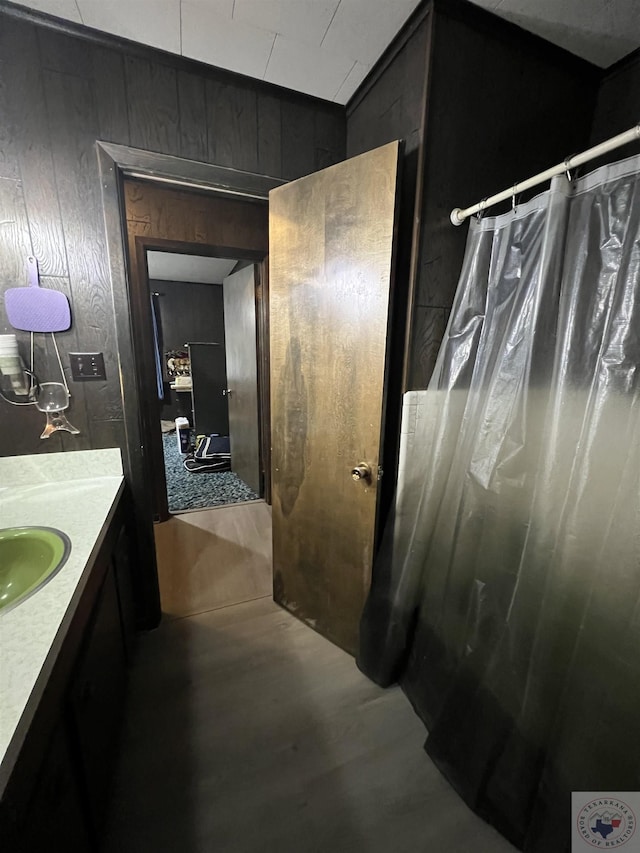 bathroom featuring vanity and wooden walls