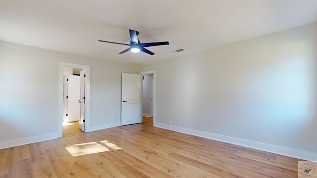 unfurnished bedroom with ceiling fan and light hardwood / wood-style flooring