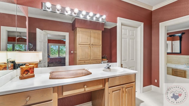 full bathroom featuring a washtub, ornamental molding, and vanity