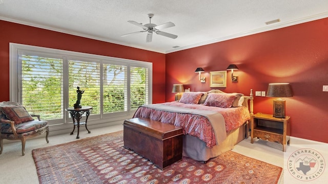 bedroom featuring light carpet, visible vents, ceiling fan, ornamental molding, and a textured ceiling