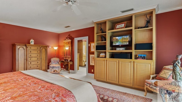 bedroom featuring ceiling fan, light colored carpet, and crown molding