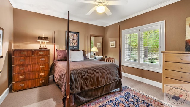 bedroom featuring ceiling fan and crown molding